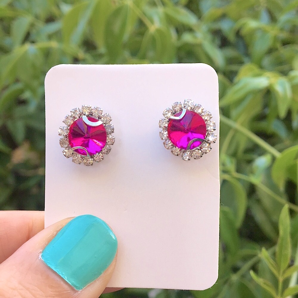 Fuchsia Hot Pink Rivoli + Silver Crystal Halo Stud Earrings - Picture 1 of 9